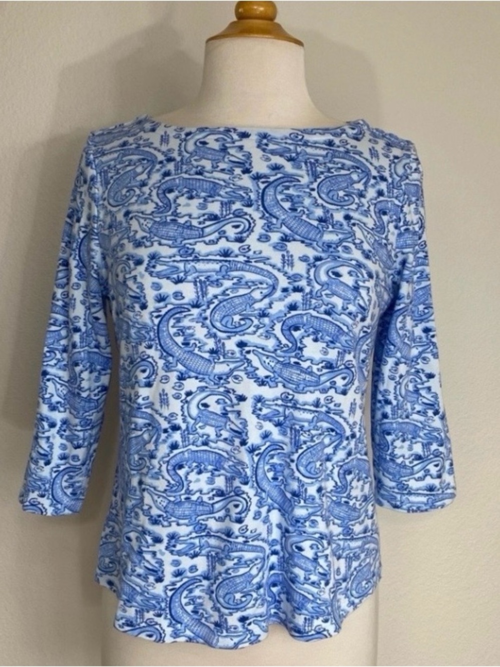 Charter Club Womens Blue White Alligator Supima Cotton 3/4 Sleeve T-Shirt Size M